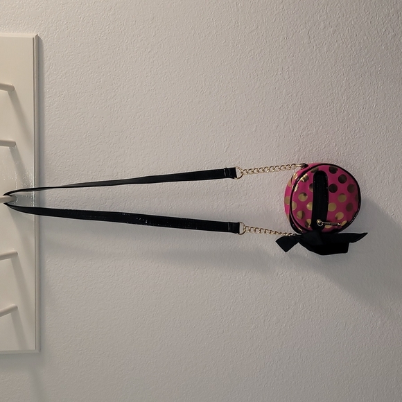 Betsey Johnson Handbags - Betsey Johnson Pink Handbag with Gold Polka Dots and Black Bow and Strap